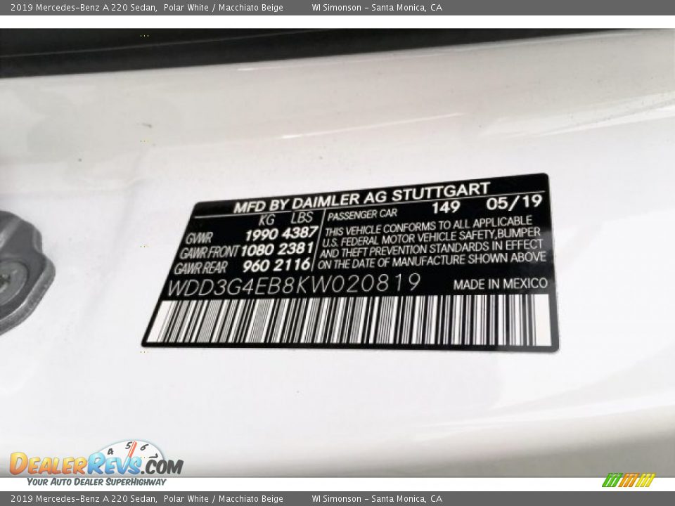 2019 Mercedes-Benz A 220 Sedan Polar White / Macchiato Beige Photo #11