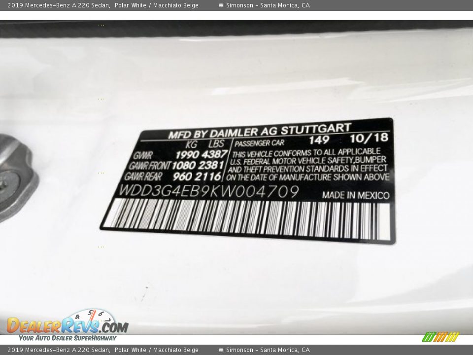 2019 Mercedes-Benz A 220 Sedan Polar White / Macchiato Beige Photo #11