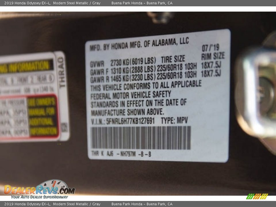 2019 Honda Odyssey EX-L Modern Steel Metallic / Gray Photo #28