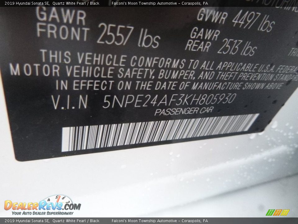 2019 Hyundai Sonata SE Quartz White Pearl / Black Photo #13