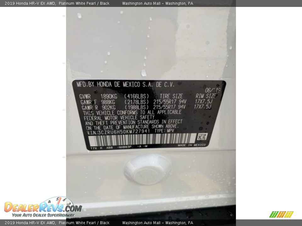 2019 Honda HR-V EX AWD Platinum White Pearl / Black Photo #9