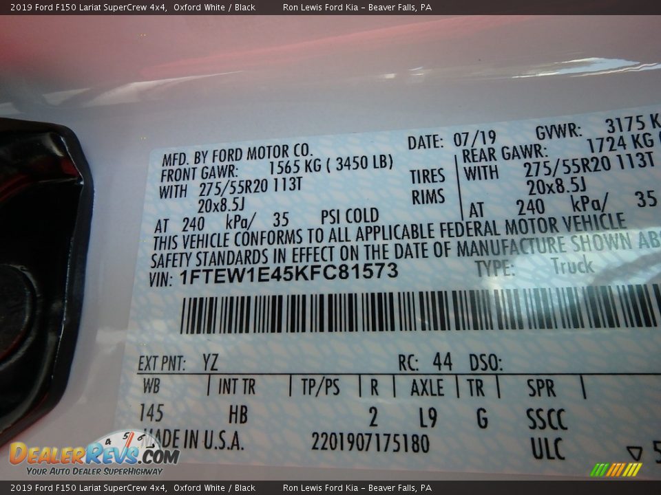 2019 Ford F150 Lariat SuperCrew 4x4 Oxford White / Black Photo #10