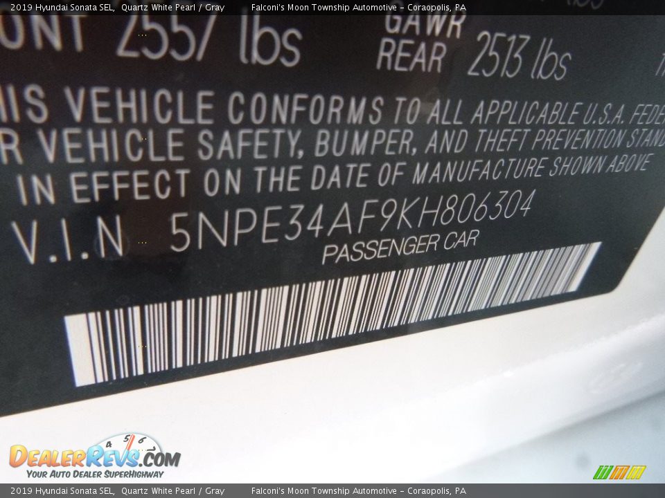 2019 Hyundai Sonata SEL Quartz White Pearl / Gray Photo #12