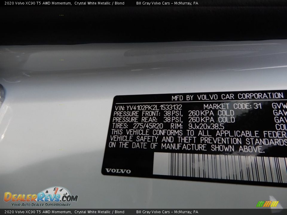 2020 Volvo XC90 T5 AWD Momentum Crystal White Metallic / Blond Photo #11