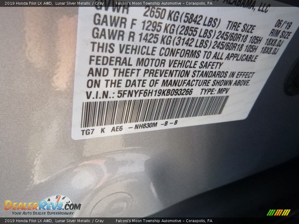 2019 Honda Pilot LX AWD Lunar Silver Metallic / Gray Photo #13