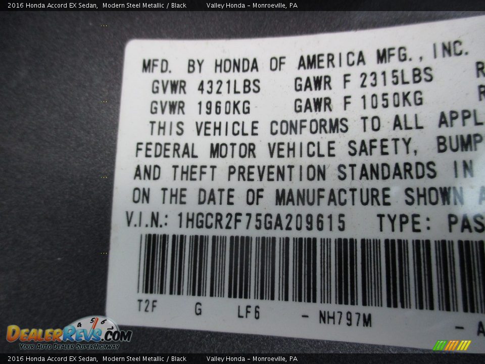 2016 Honda Accord EX Sedan Modern Steel Metallic / Black Photo #19