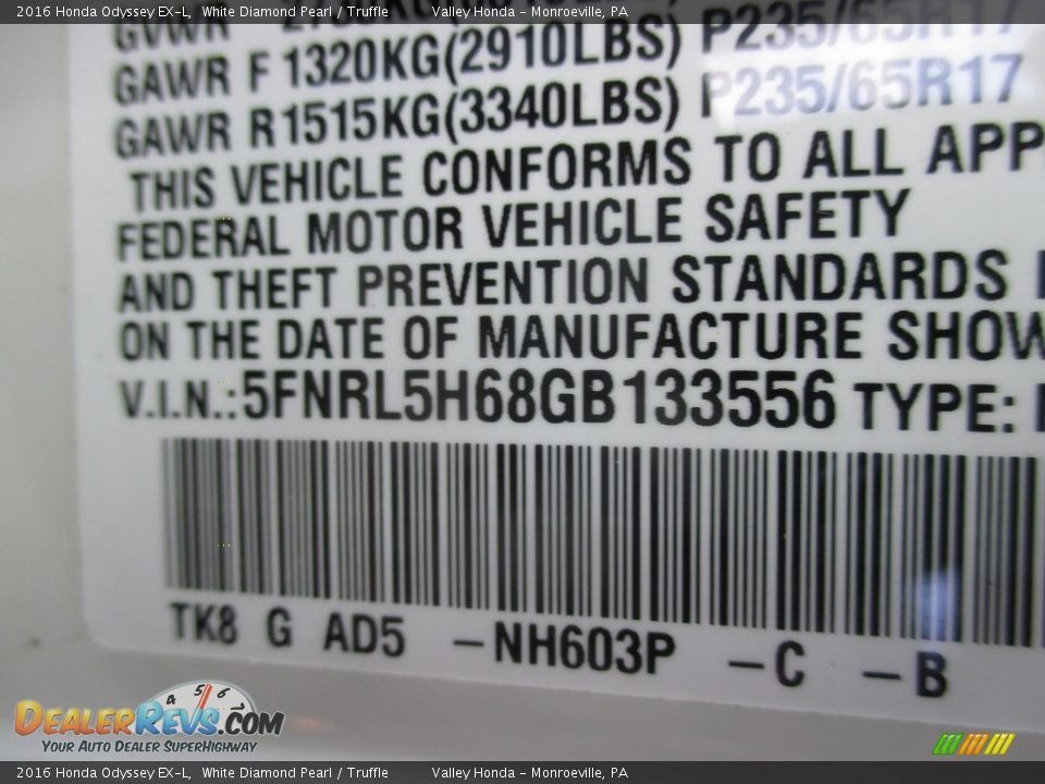 2016 Honda Odyssey EX-L White Diamond Pearl / Truffle Photo #19