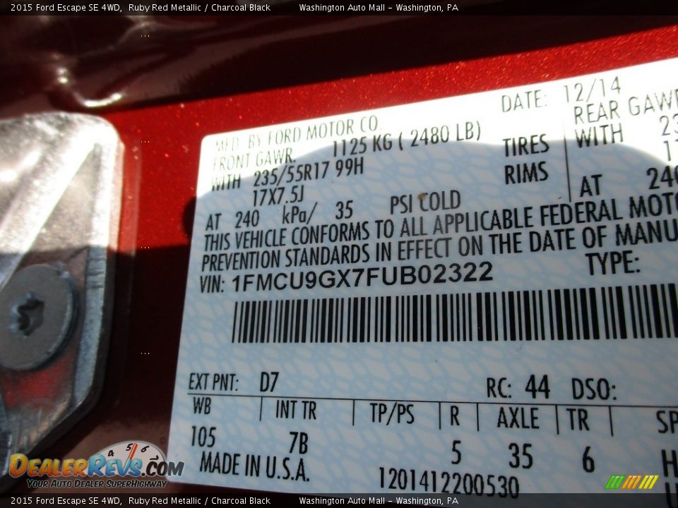 2015 Ford Escape SE 4WD Ruby Red Metallic / Charcoal Black Photo #24