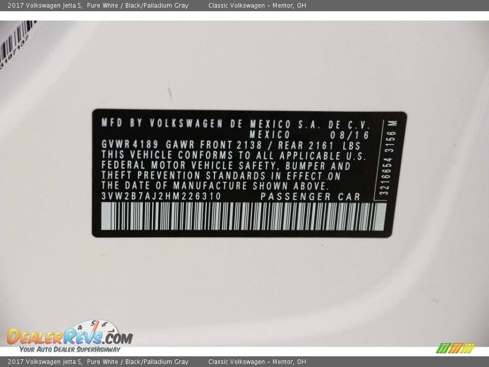 2017 Volkswagen Jetta S Pure White / Black/Palladium Gray Photo #20