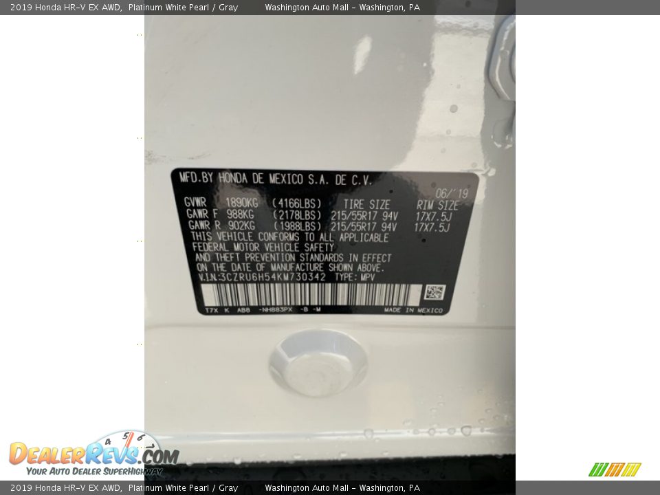 2019 Honda HR-V EX AWD Platinum White Pearl / Gray Photo #9