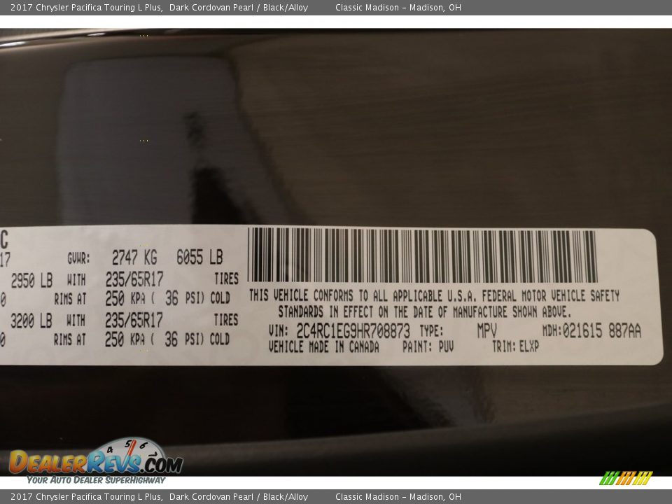 2017 Chrysler Pacifica Touring L Plus Dark Cordovan Pearl / Black/Alloy Photo #28