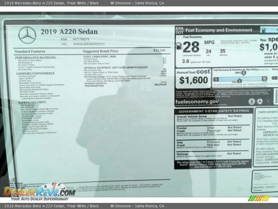 2019 Mercedes-Benz A 220 Sedan Polar White / Black Photo #10