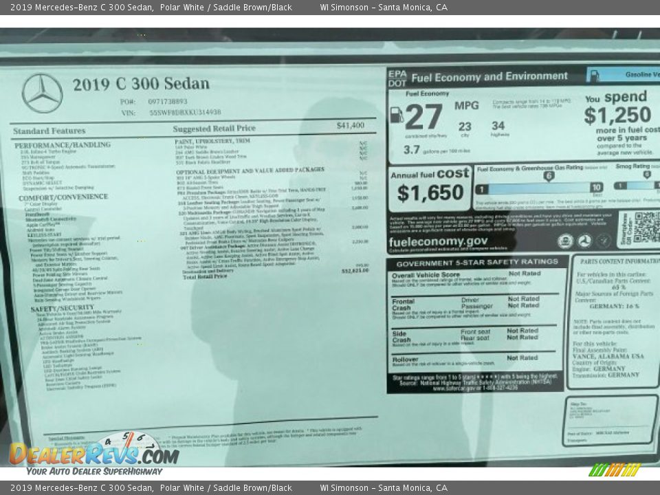 2019 Mercedes-Benz C 300 Sedan Polar White / Saddle Brown/Black Photo #10