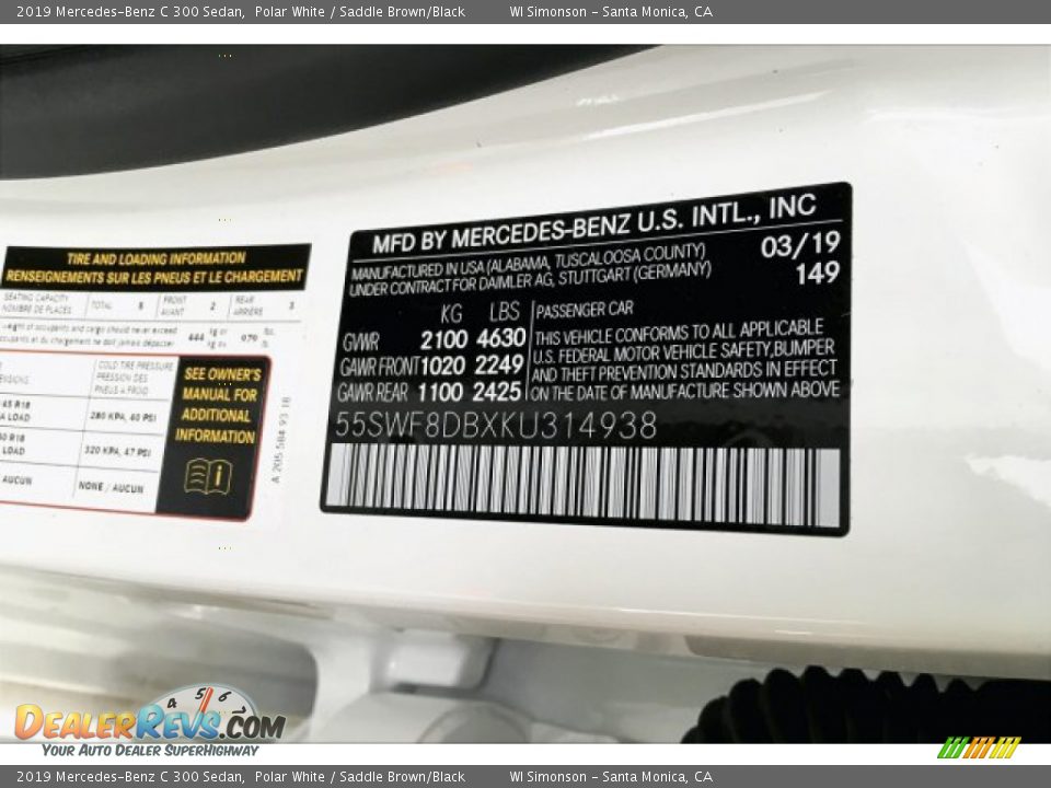 2019 Mercedes-Benz C 300 Sedan Polar White / Saddle Brown/Black Photo #11