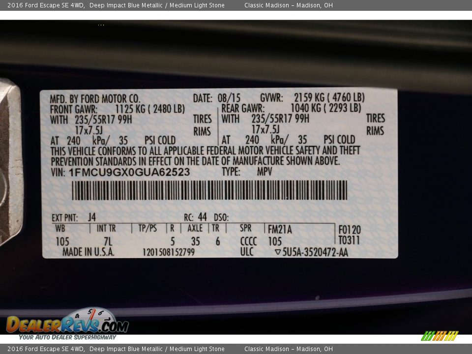 2016 Ford Escape SE 4WD Deep Impact Blue Metallic / Medium Light Stone Photo #19