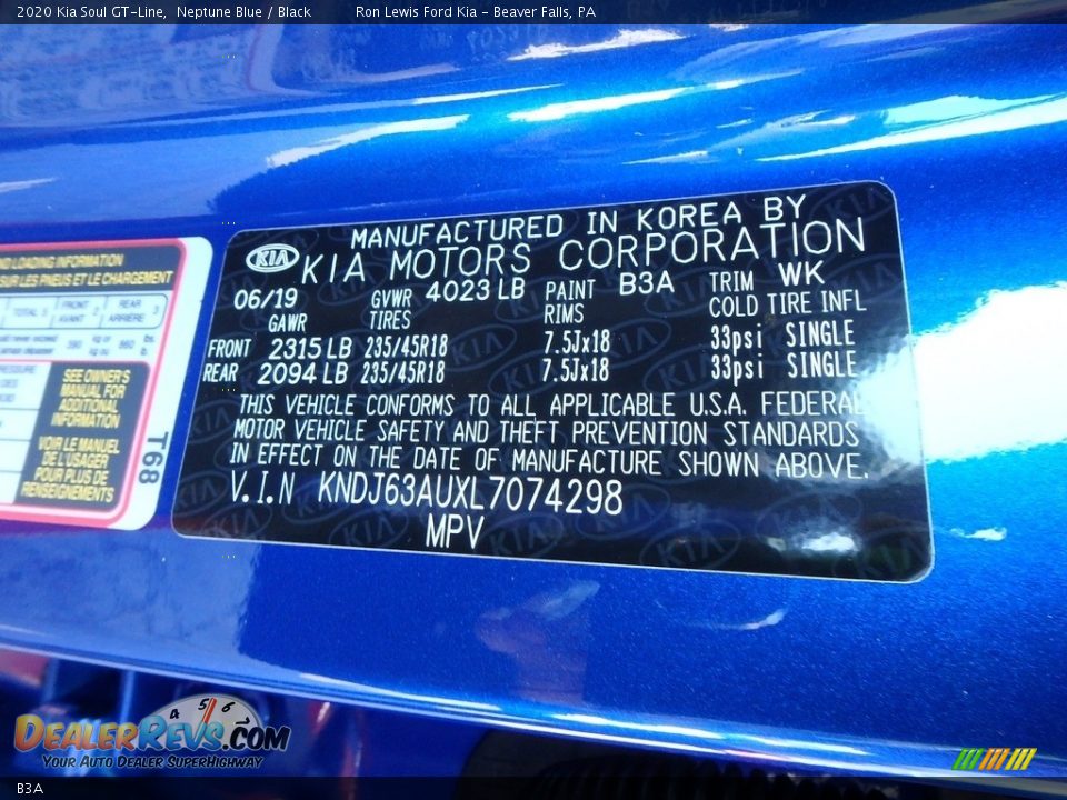 Kia Color Code B3A Neptune Blue