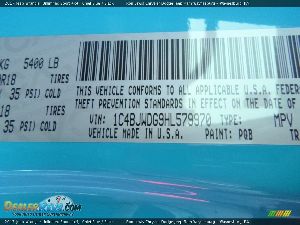 2017 Jeep Wrangler Unlimited Sport 4x4 Chief Blue / Black Photo #12