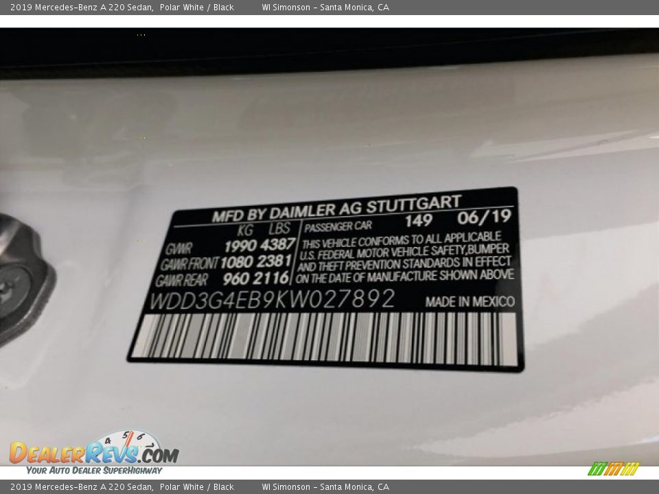 2019 Mercedes-Benz A 220 Sedan Polar White / Black Photo #11