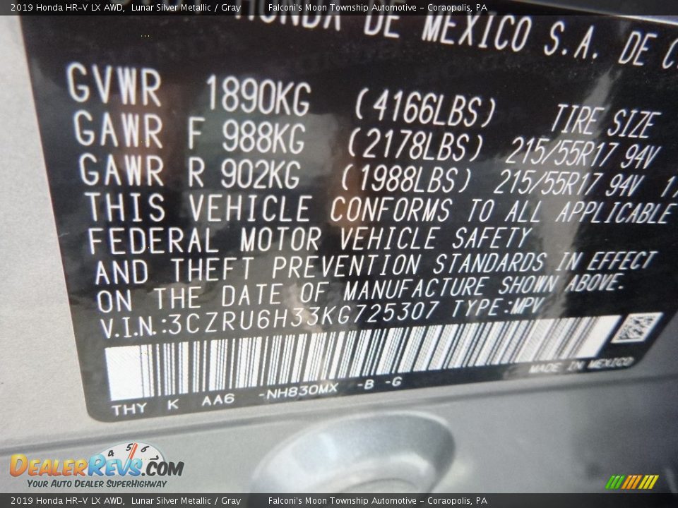 2019 Honda HR-V LX AWD Lunar Silver Metallic / Gray Photo #13