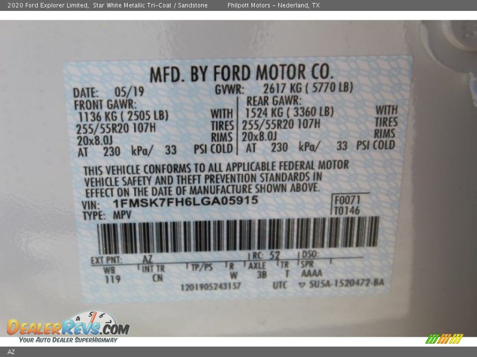 Ford Color Code AZ Star White Metallic Tri-Coat