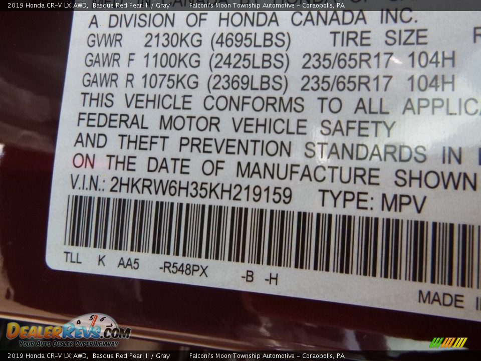 2019 Honda CR-V LX AWD Basque Red Pearl II / Gray Photo #13