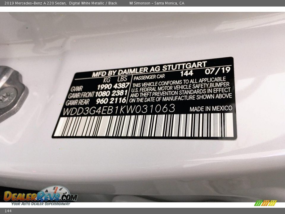 Mercedes-Benz Color Code 144 Digital White Metallic