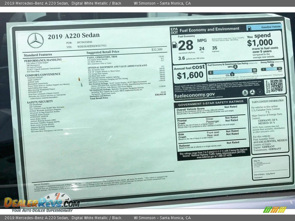 2019 Mercedes-Benz A 220 Sedan Window Sticker Photo #11