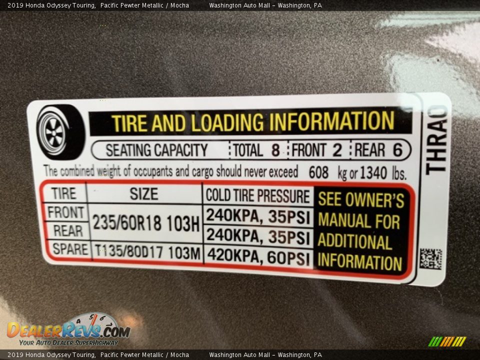 2019 Honda Odyssey Touring Pacific Pewter Metallic / Mocha Photo #8