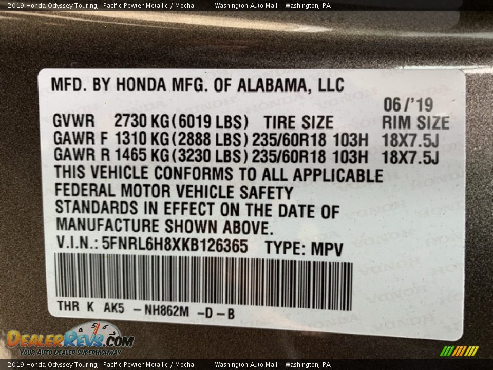 2019 Honda Odyssey Touring Pacific Pewter Metallic / Mocha Photo #9