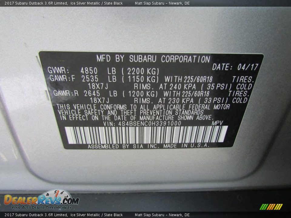 2017 Subaru Outback 3.6R Limited Ice Silver Metallic / Slate Black Photo #31