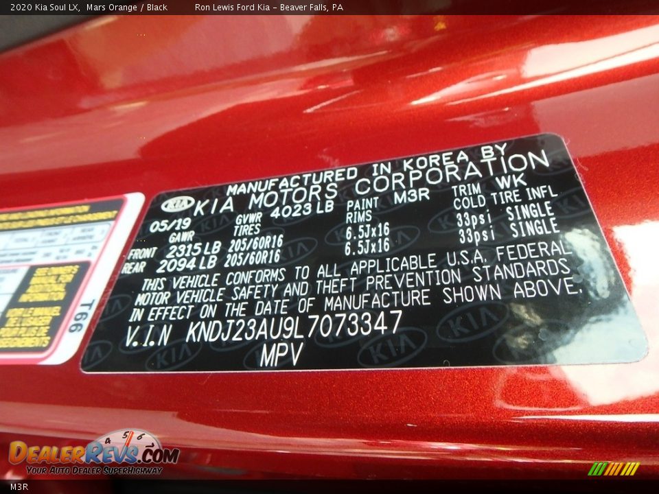 Kia Color Code M3R Mars Orange