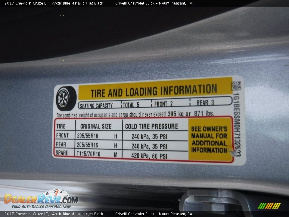 2017 Chevrolet Cruze LT Arctic Blue Metallic / Jet Black Photo #31