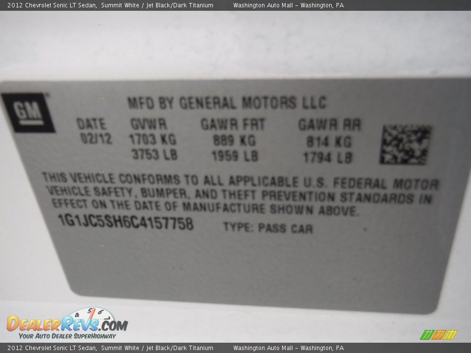 2012 Chevrolet Sonic LT Sedan Summit White / Jet Black/Dark Titanium Photo #24