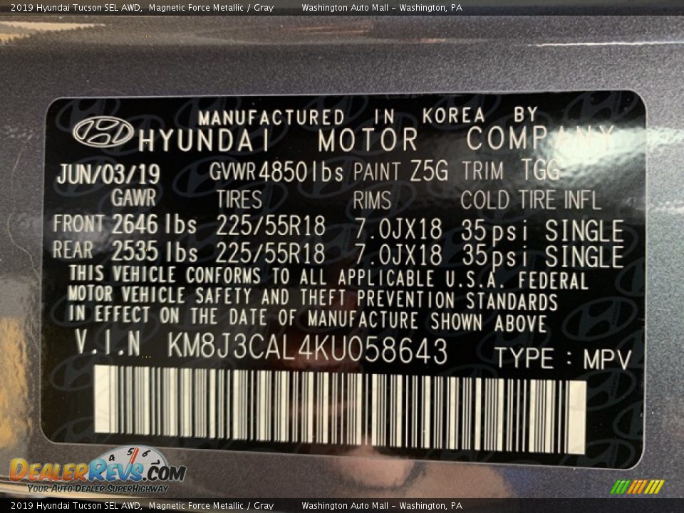 2019 Hyundai Tucson SEL AWD Magnetic Force Metallic / Gray Photo #10