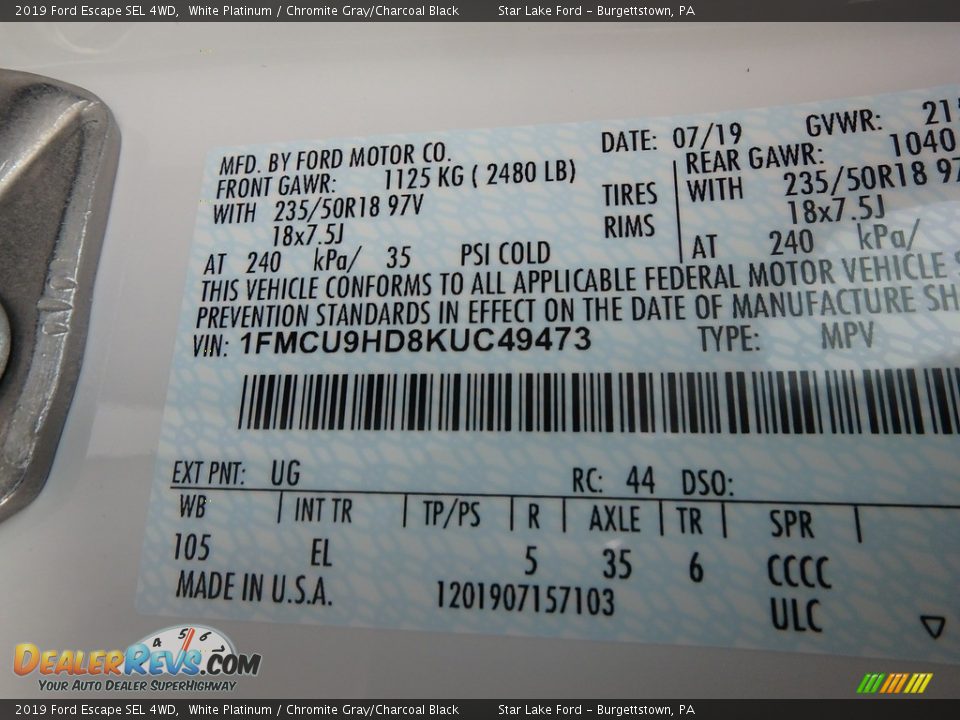 2019 Ford Escape SEL 4WD White Platinum / Chromite Gray/Charcoal Black Photo #13