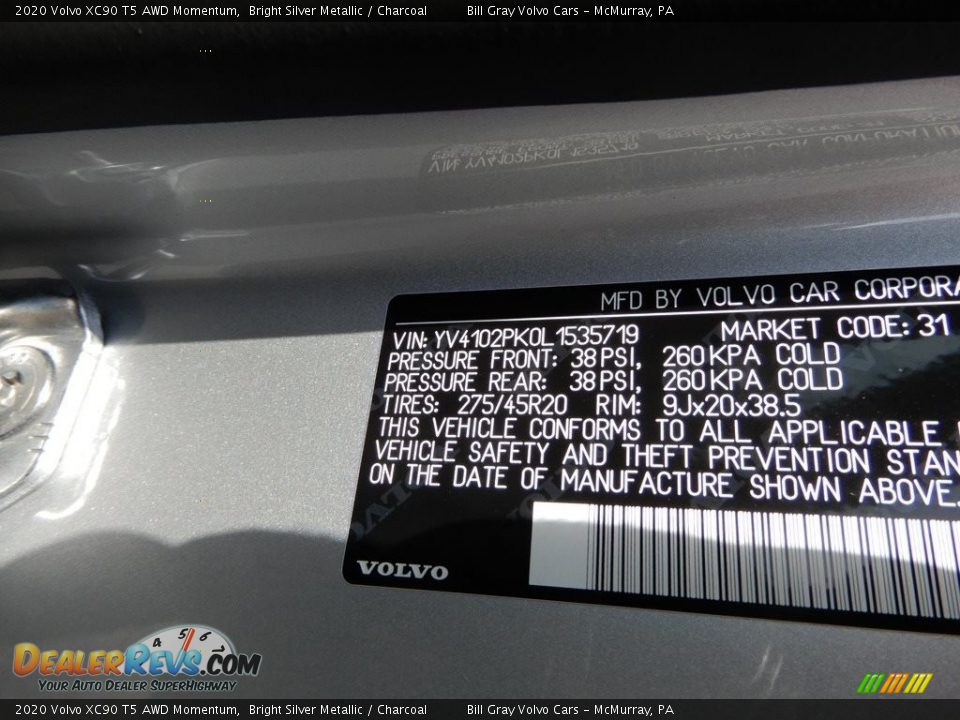 2020 Volvo XC90 T5 AWD Momentum Bright Silver Metallic / Charcoal Photo #11