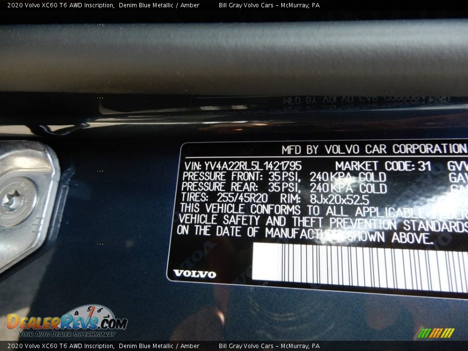 2020 Volvo XC60 T6 AWD Inscription Denim Blue Metallic / Amber Photo #11