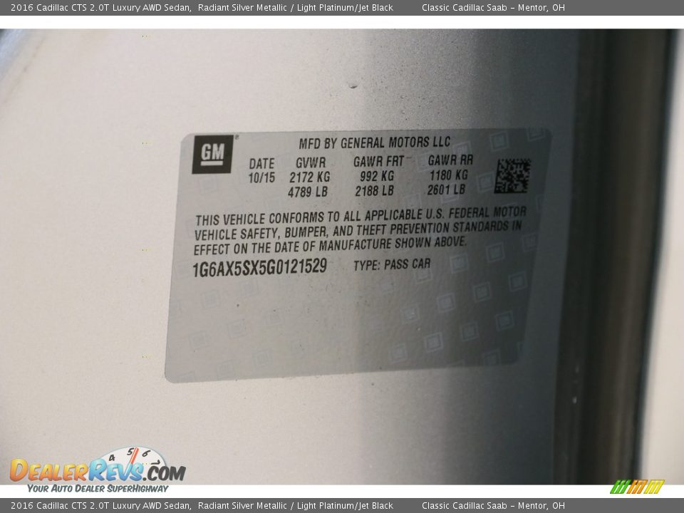 2016 Cadillac CTS 2.0T Luxury AWD Sedan Radiant Silver Metallic / Light Platinum/Jet Black Photo #23