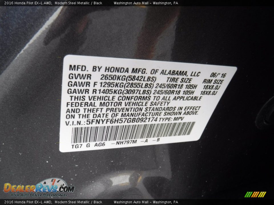 2016 Honda Pilot EX-L AWD Modern Steel Metallic / Black Photo #27
