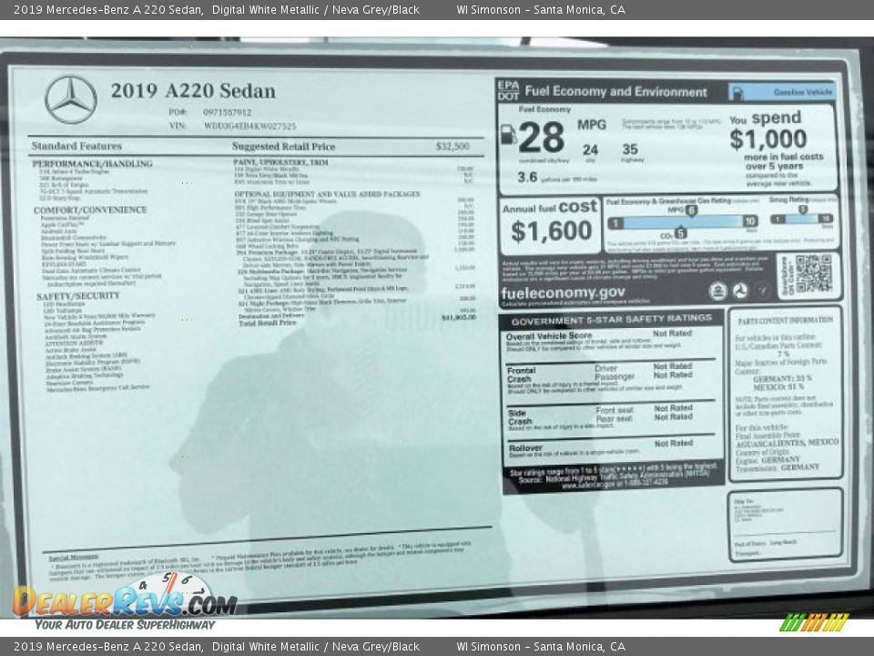 2019 Mercedes-Benz A 220 Sedan Digital White Metallic / Neva Grey/Black Photo #10