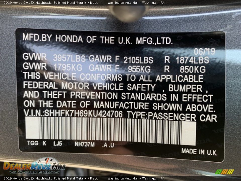 2019 Honda Civic EX Hatchback Polished Metal Metallic / Black Photo #9