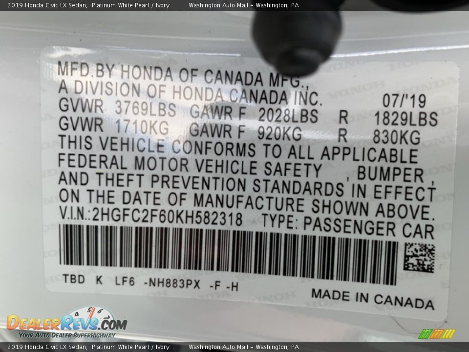 2019 Honda Civic LX Sedan Platinum White Pearl / Ivory Photo #9