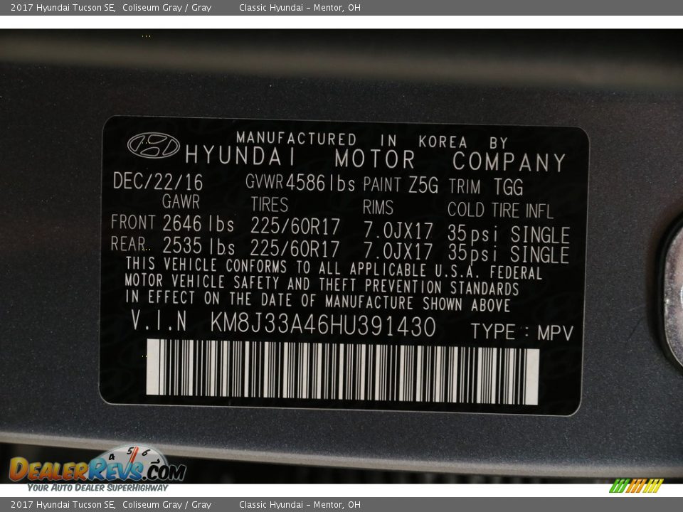 2017 Hyundai Tucson SE Coliseum Gray / Gray Photo #20