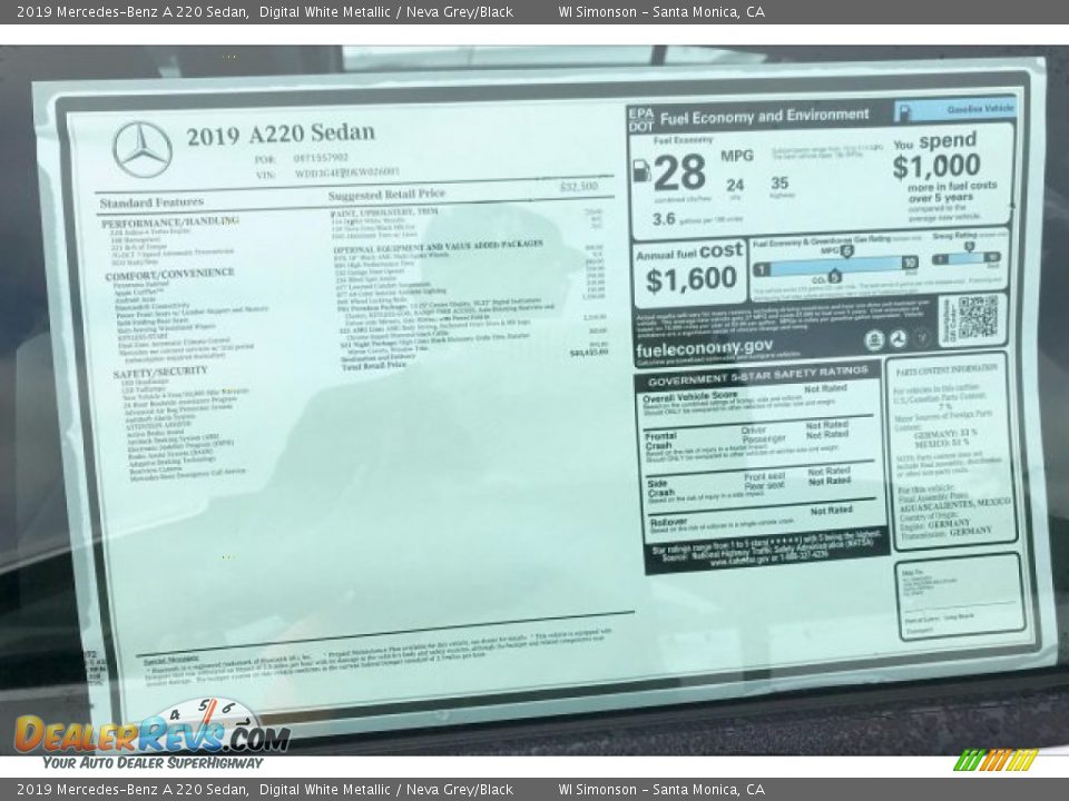 2019 Mercedes-Benz A 220 Sedan Digital White Metallic / Neva Grey/Black Photo #10