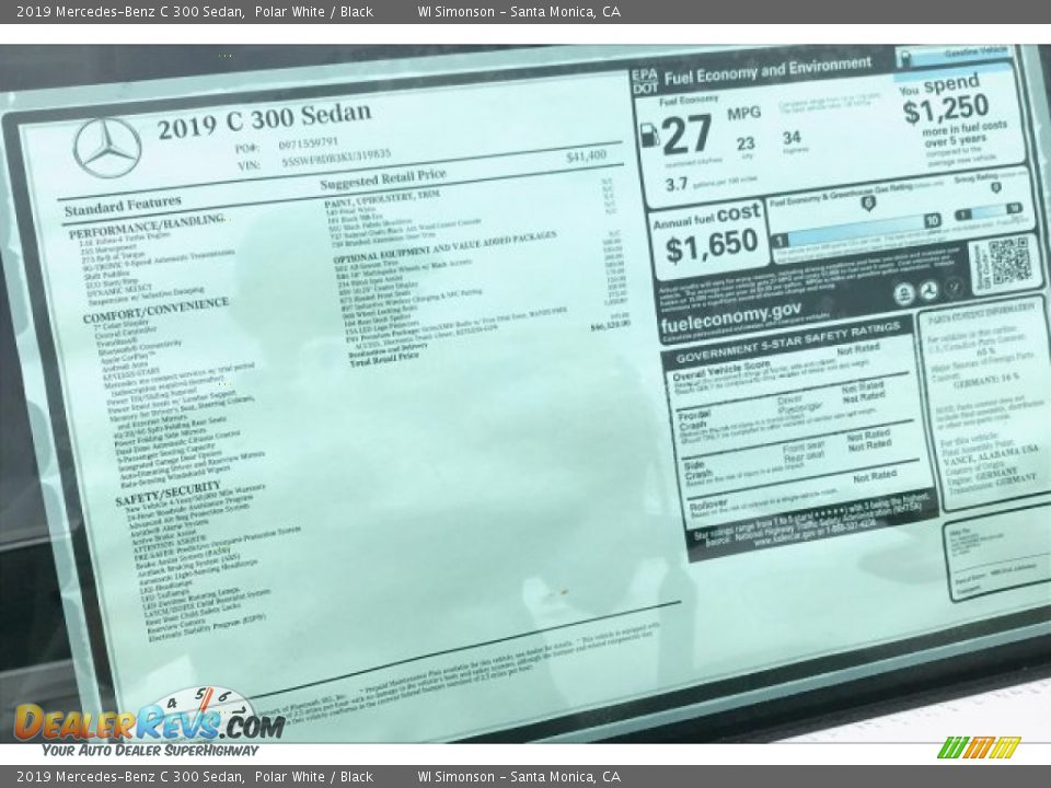 2019 Mercedes-Benz C 300 Sedan Polar White / Black Photo #10