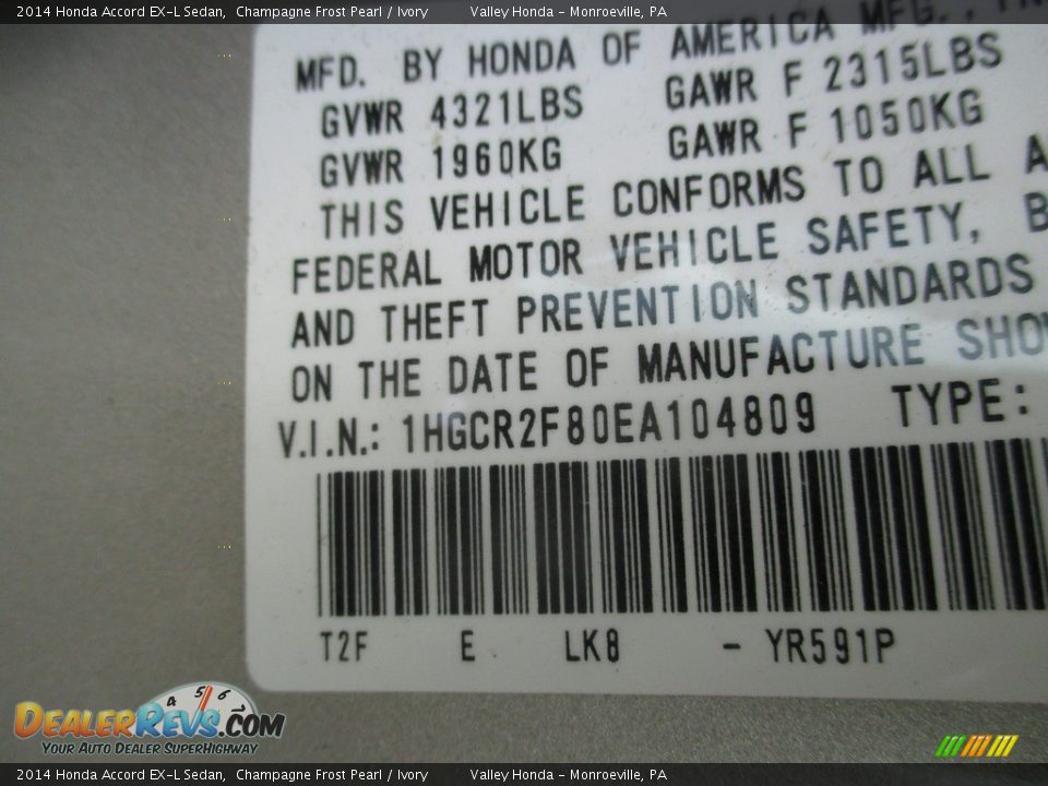 2014 Honda Accord EX-L Sedan Champagne Frost Pearl / Ivory Photo #19