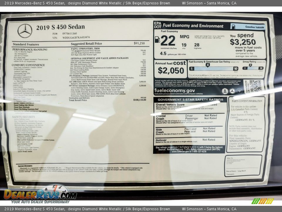 2019 Mercedes-Benz S 450 Sedan designo Diamond White Metallic / Silk Beige/Espresso Brown Photo #17