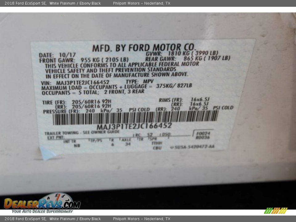 2018 Ford EcoSport SE White Platinum / Ebony Black Photo #29