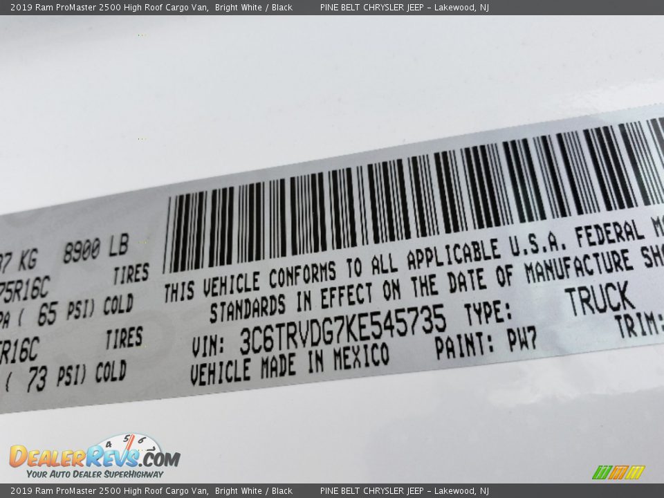 2019 Ram ProMaster 2500 High Roof Cargo Van Bright White / Black Photo #9
