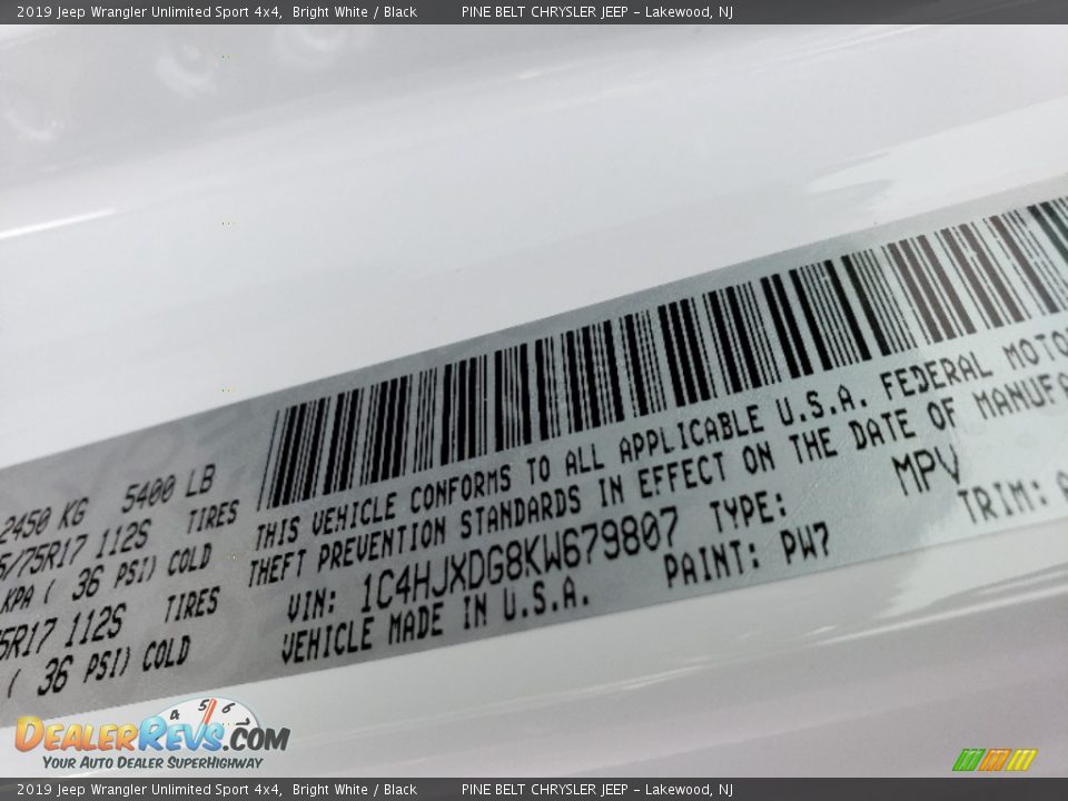 2019 Jeep Wrangler Unlimited Sport 4x4 Bright White / Black Photo #9